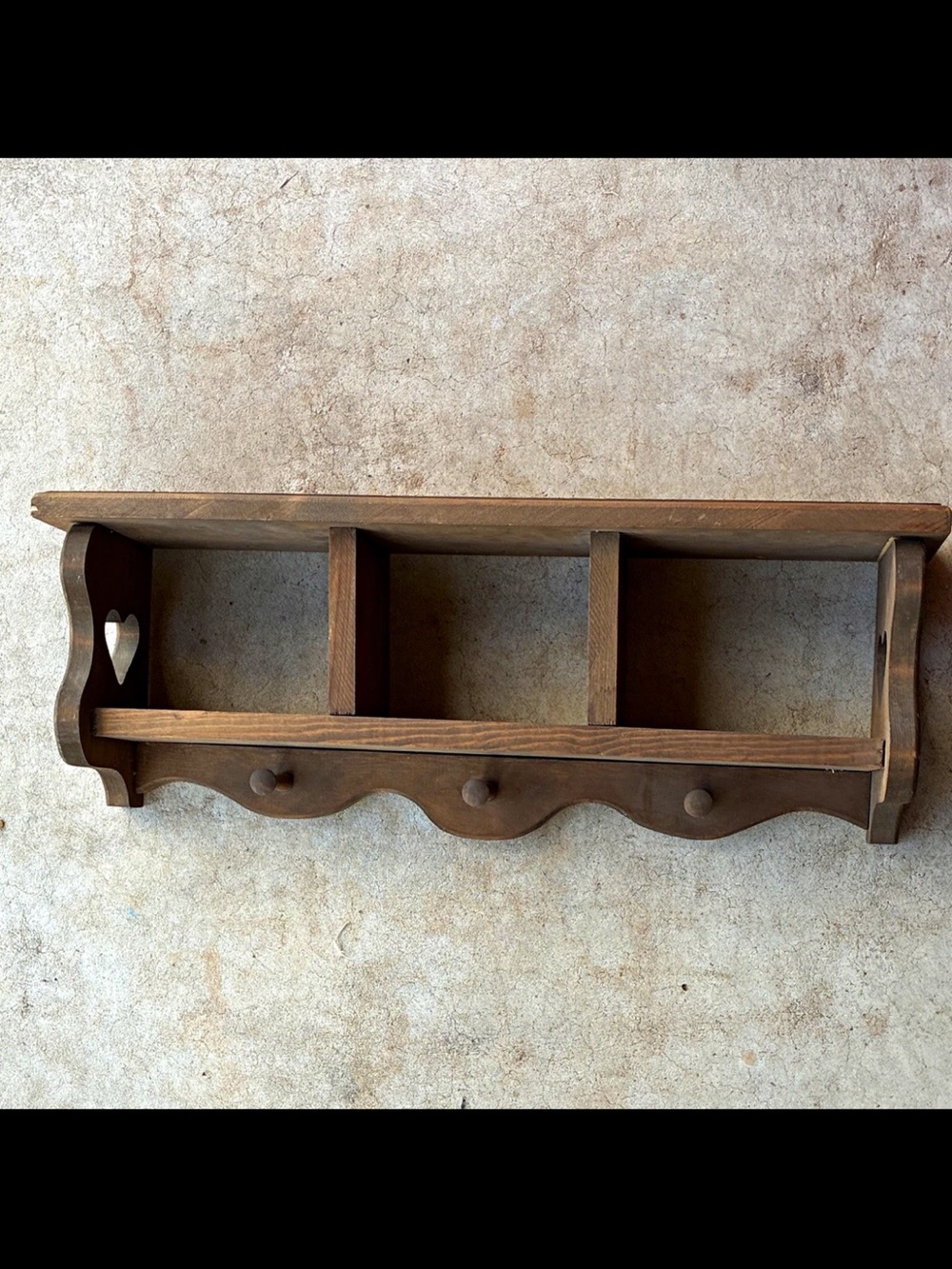 Vintage wood heart shelf with cubbies and peg rack!